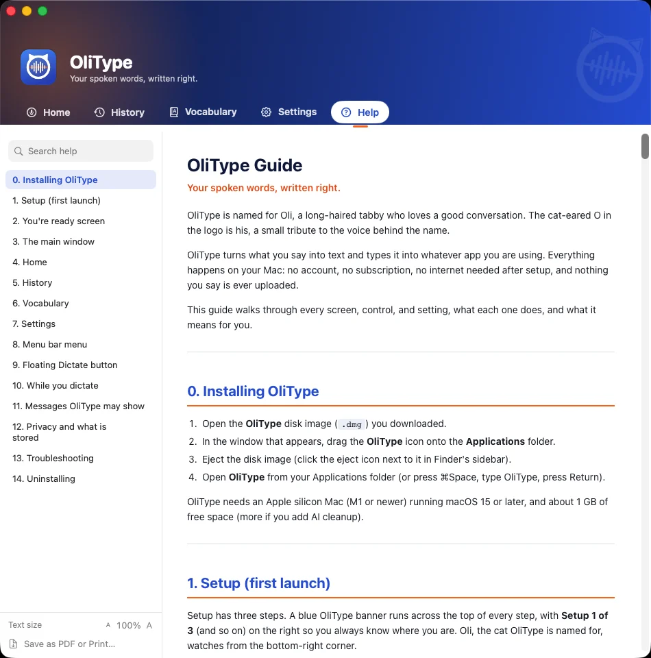 OliType Help: the built-in guide with a section list, search, and a text size control.