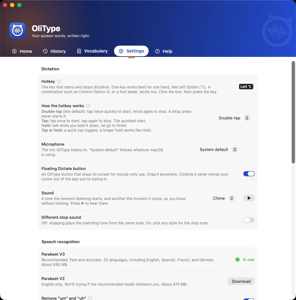 OliType Settings: the hotkey set to Left Option, how the hotkey works set to Double-tap, microphone set to System default, the floating Dictate button on, and the Chime sound.