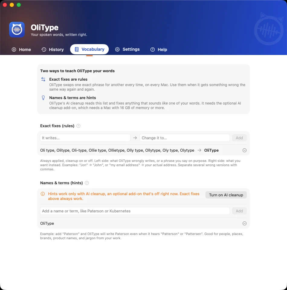 OliType Vocabulary: exact fixes, such as Oli type becoming OliType, and a list of names and terms.